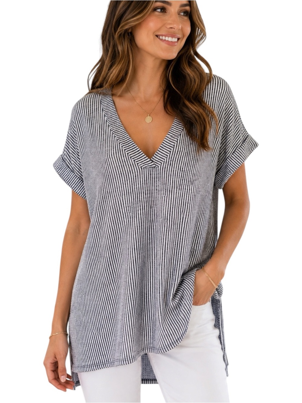 DAYTRIP Navy White Striped Tunic Top V Neck Relaxed Coastal Casual M